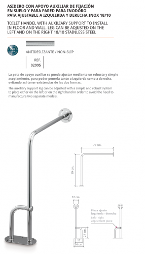 BELTRAN ASIDERO CON APOYO AUXILIAR DE FIJACIÓN EN SUELO Y PARA PARED PARA INODORO PATA AJUSTABLE A IZQUIERDA Y DERECHA INOX 18/10