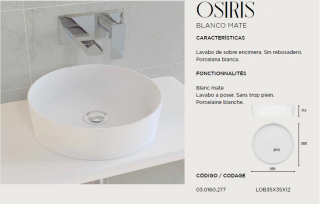 LAVABO DE CERÁMICA SOBRE ENCIMERA OSIRIS  COLOR  BLANCO MATE   ARTANDBATH NUEVO