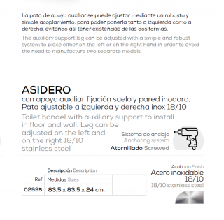 BELTRAN ASIDERO CON APOYO AUXILIAR DE FIJACIÓN EN SUELO Y PARA PARED PARA INODORO PATA AJUSTABLE A IZQUIERDA Y DERECHA INOX 18/10