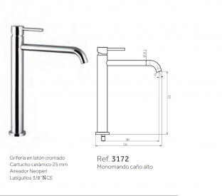 GRIFO DE LAVABO MONOMANDO CAÑO ALTO SIRIO CROMO GME 3172